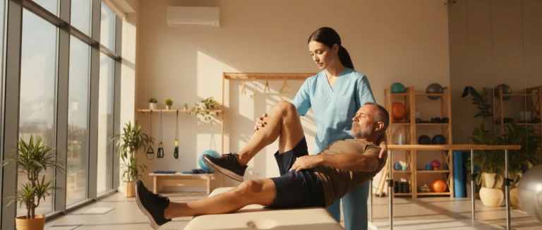 Физиотерапевт помогает пациенту выполнять упражнения для коленного сустава