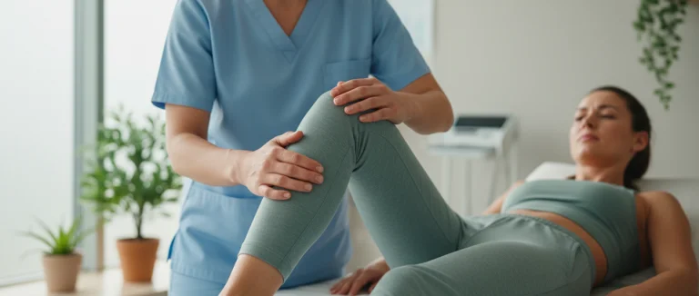 Физиотерапевт помогает пациенту выполнить упражнения