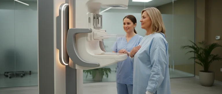 Медицинский осмотр женщины с маммографией