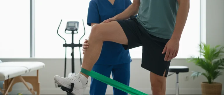 Физиотерапевт помогает пациенту выполнять упражнения для коленного сустава
