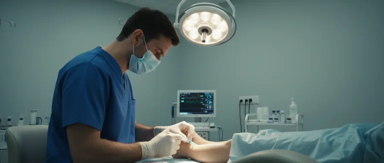 Врач вводит стволовые клетки в коленный сустав пациента