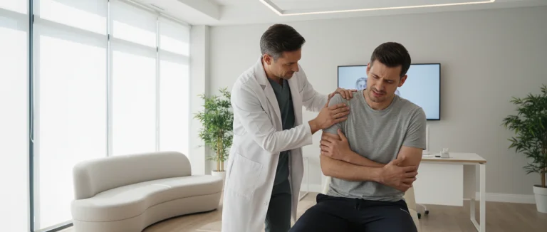 Врач осматривает пациента с болью в плече