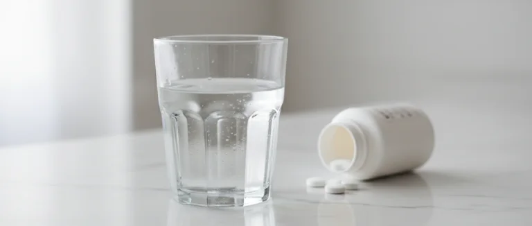 Стакан воды рядом с таблетками