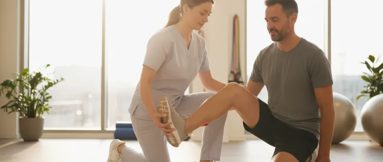 Физиотерапевт проводит упражнения с пациентом