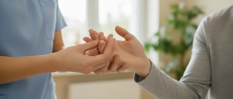 Физиотерапевт помогает пациенту выполнять упражнения для пальцев