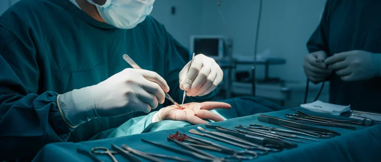 Хирург проводит операцию на пальце руки