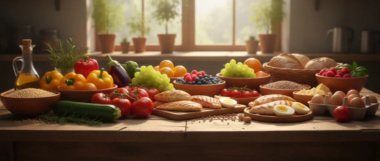 Свежие овощи и фрукты на столе