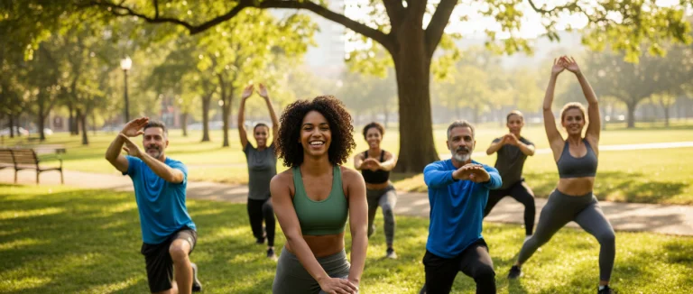 Группа людей занимается утренней зарядкой в парке
