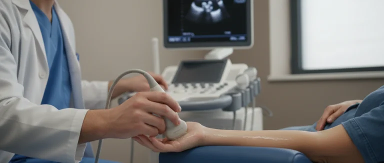 врач проводит обследование руки