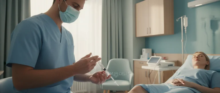 Врач вводит стволовые клетки в сустав пациента