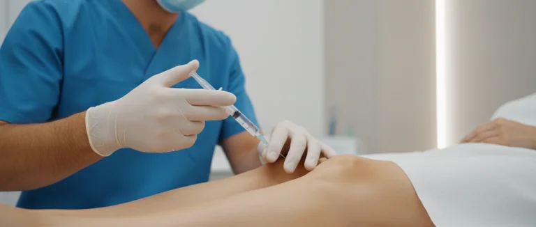 Врач вводит стволовые клетки в сустав пациента