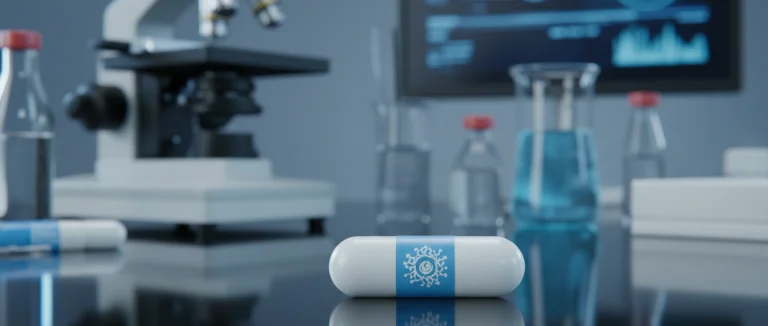 Капсула со стволовыми клетками на фоне лабораторного оборудования