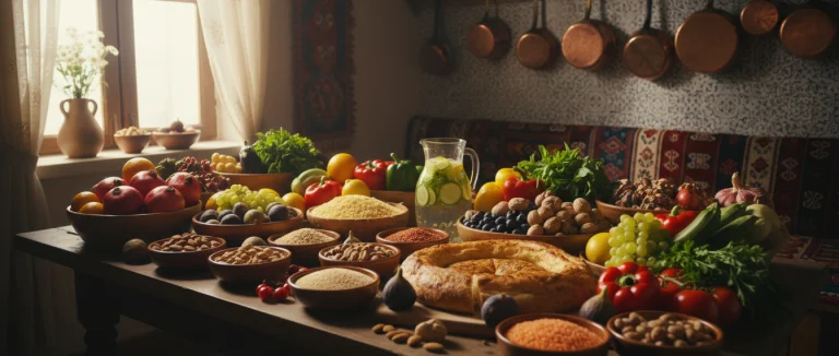 Свежие фрукты и овощи на столе