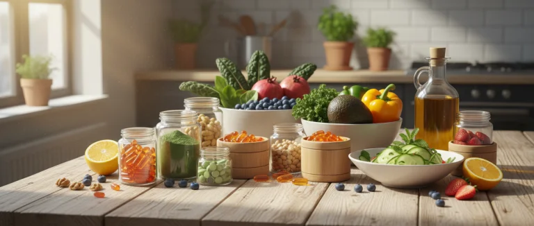 Витамины и минералы в виде таблеток и натуральных продуктов