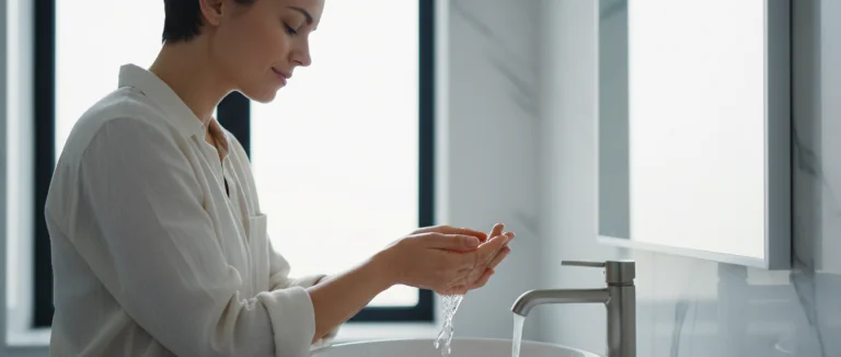 Женщина моет руки в ванной