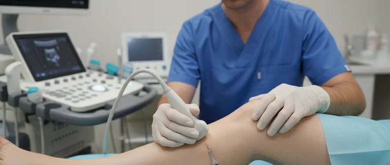 Врач вводит стволовые клетки в колено