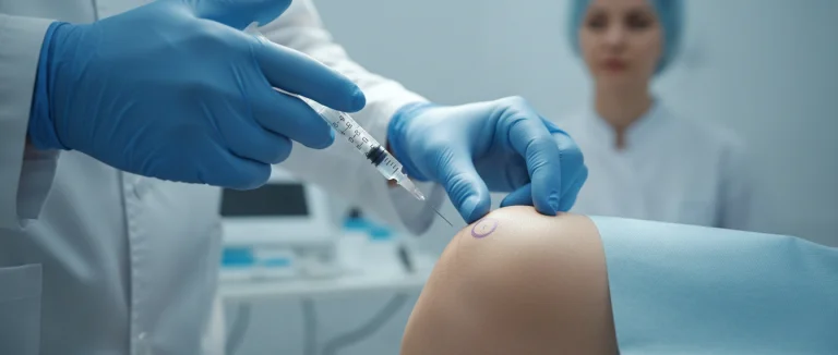 Врач вводит стволовые клетки в коленный сустав