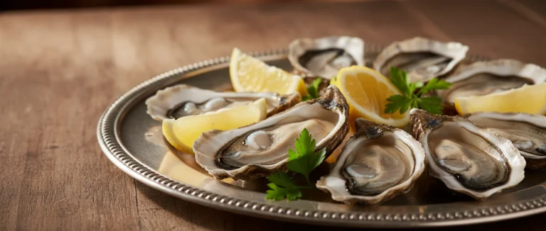 Свежие устрицы и морепродукты на блюде