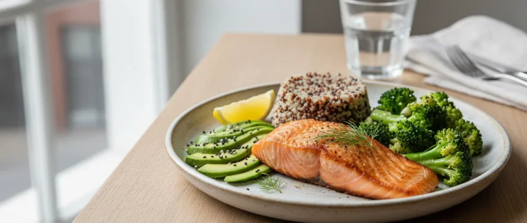 Блюдо с лососем, авокадо и овощами