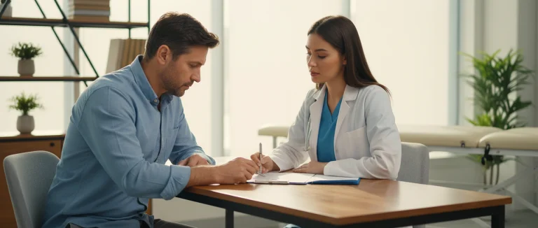 Врач обсуждает симптомы с пациентом