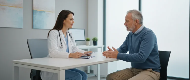 Человек в кабинете врача обсуждает частое мочеиспускание