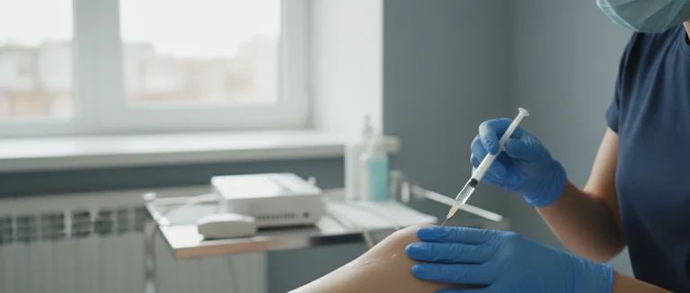 Врач вводит стволовые клетки в коленный сустав