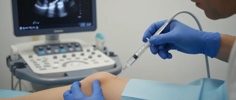Врач вводит стволовые клетки в коленный сустав под УЗИ