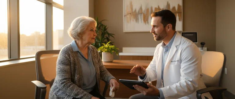 Пожилая женщина обсуждает симптомы с врачом