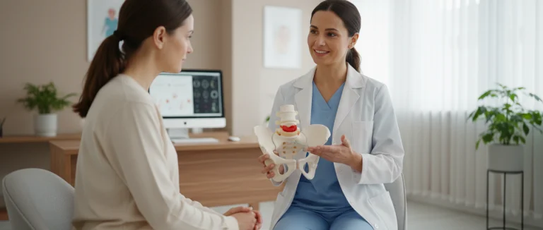 Врач объясняет упражнения для тазового дна