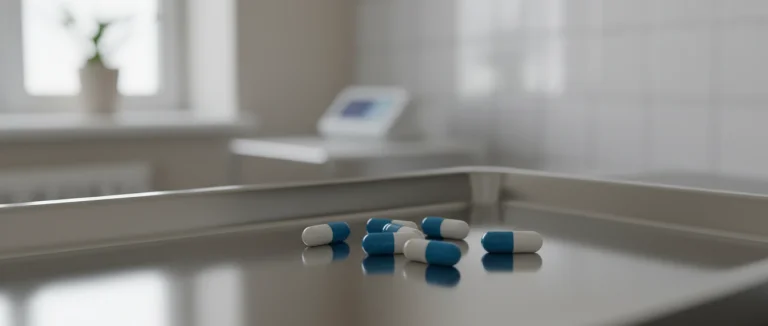 Пилюля амоксициллина на фоне медицинского оборудования