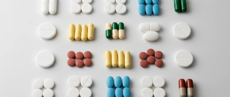 Разнообразные таблетки антибиотиков на белом фоне