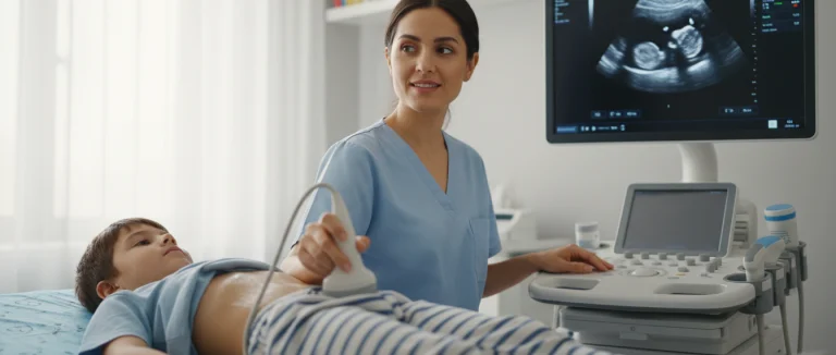 Врач проводит УЗИ у ребёнка