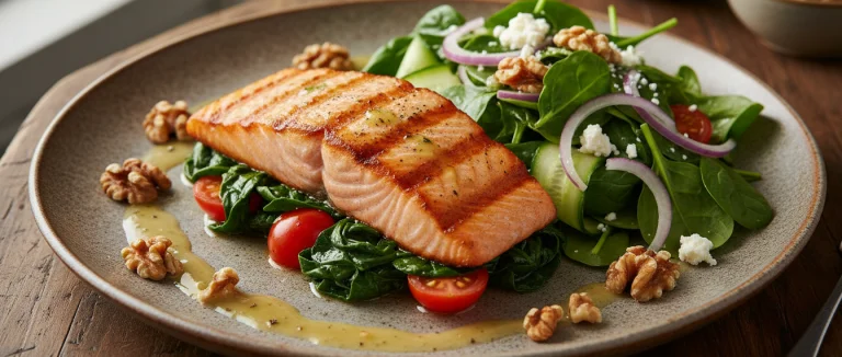Блюдо с лососем, шпинатом и орехами