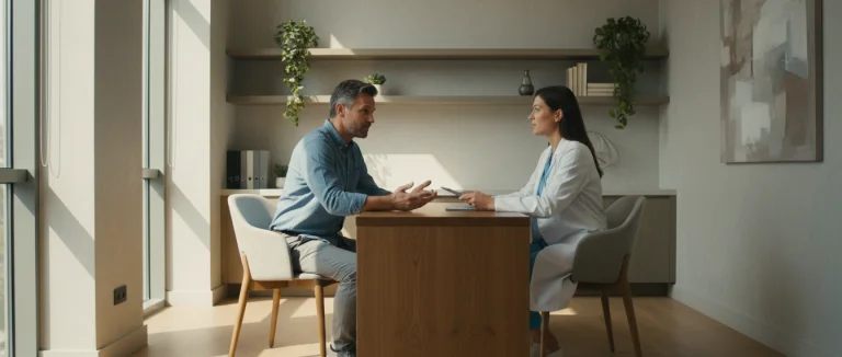 Врач обсуждает симптомы с пациентом