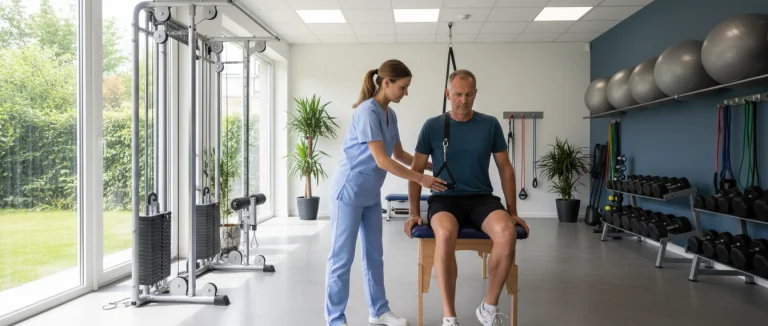 Физиотерапевт помогает пациенту с коленным суставом