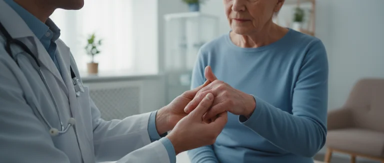 Врач осматривает руку пациента с артритом