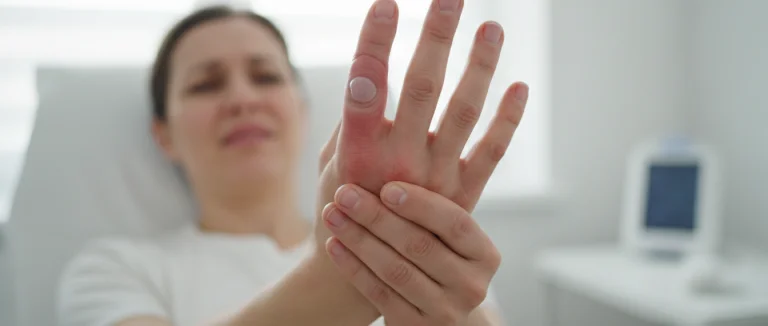 Человек держит больную руку