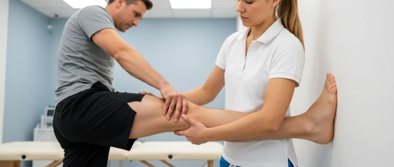 Физиотерапевт проводит упражнения с пациентом