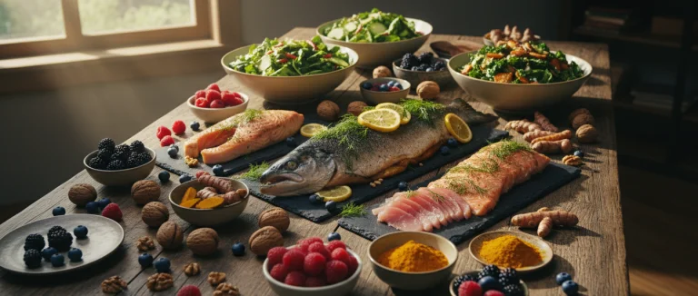 Стол с разнообразными противовоспалительными продуктами