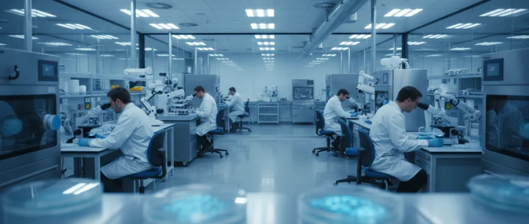 Лаборатория с микроскопом и культурами стволовых клеток