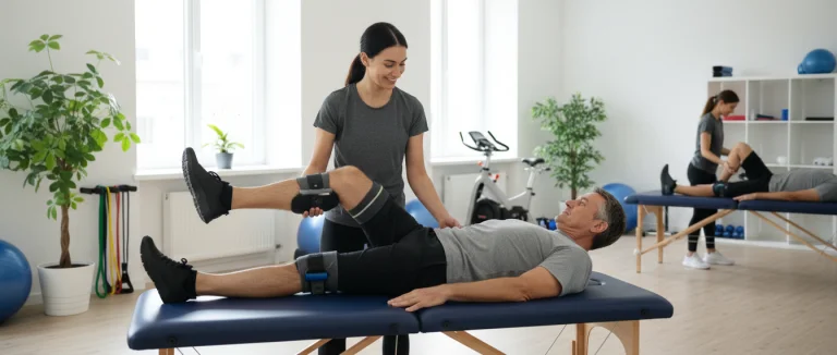 Физиотерапевт помогает пациенту выполнять упражнения для колена