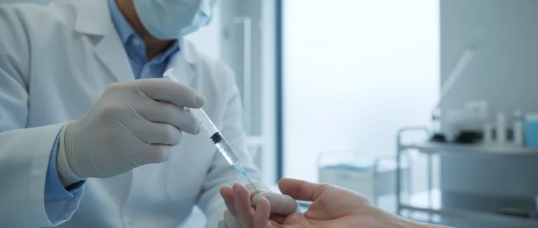 Врач вводит стволовые клетки в сустав руки