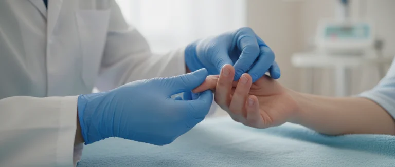 Врач проводит осмотр руки пациента