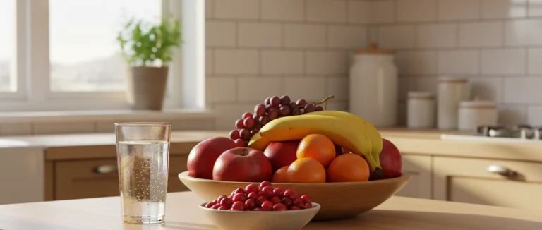 Стакан воды и фрукты на столе