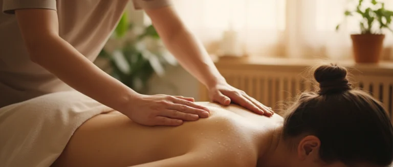 Массажист демонстрирует мягкий шведский массаж