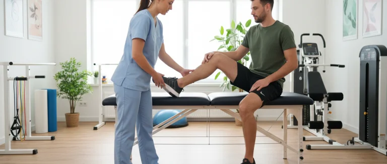 Физиотерапевт помогает пациенту выполнять упражнения