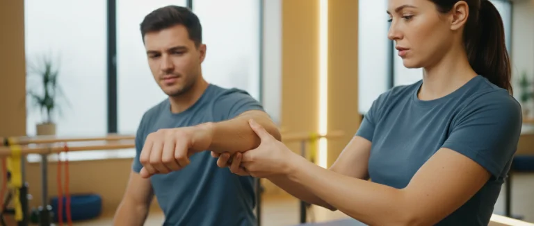 Физиотерапевт проводит сеанс с пациентом