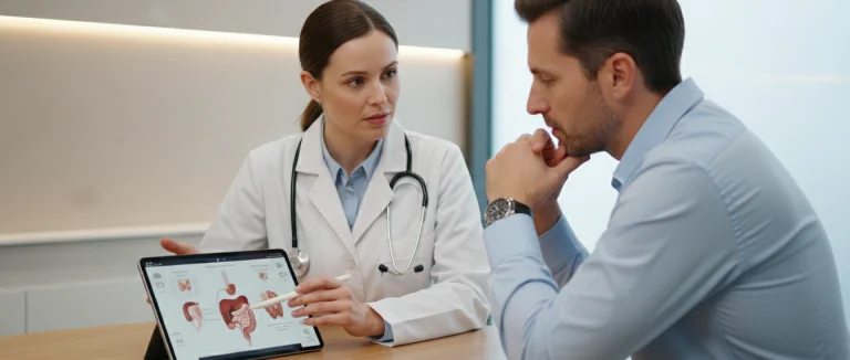 Врач объясняет причины частого мочеиспускания пациенту