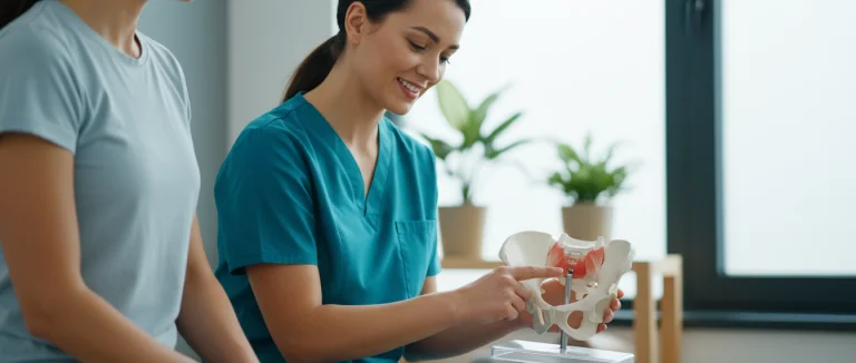 Терапевт показывает упражнения для тазового дна