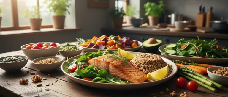 Здоровый обед с овощами и рыбой